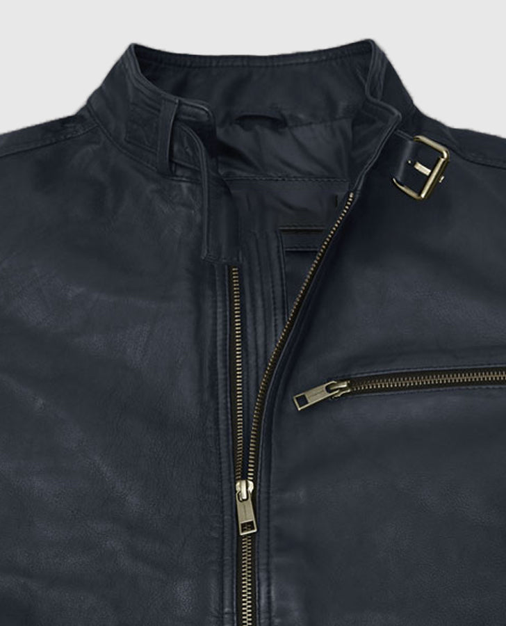 Jim Carrey Blue Leather Jacket for Men – Custom Fit - collar and zip close-up