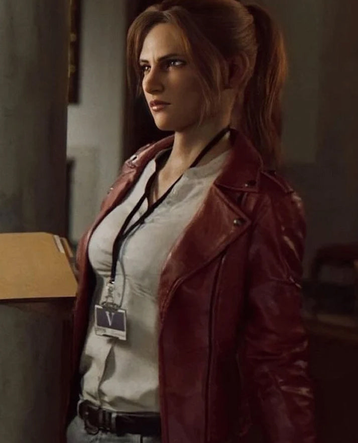 Resident Evil Infinite Darkness Claire Redfield Biker Leather Jacket - collar and zip close-up