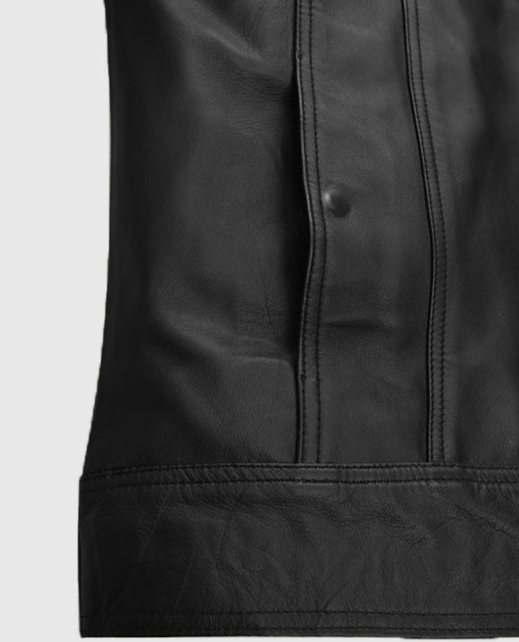 David Beckham Black Leather Jacket for Men – Premium Outerwear - collar and zip close-up