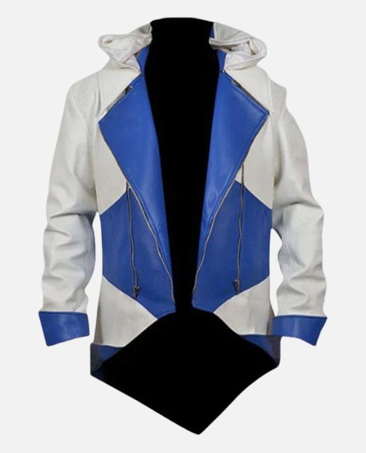 Assassins Creed 3 White and Blue Hooded Leather Jacket for Men - inner lining view