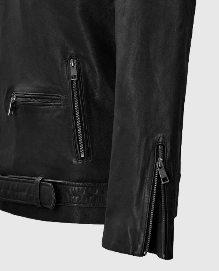 Rutland Black Riding Leather Biker Jacket for Men – Custom Fit - collar and zip close-up
