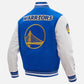 NBA Golden State Warriors Men's Blue & White Varsity Leather Jacket - collar and zip close-up