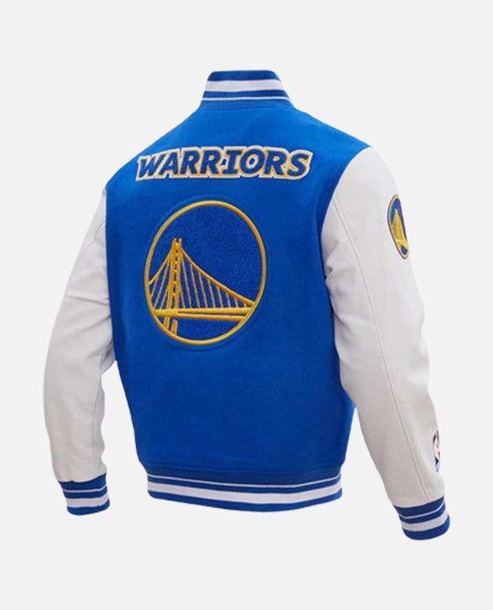 NBA Golden State Warriors Men's Blue & White Varsity Leather Jacket - collar and zip close-up