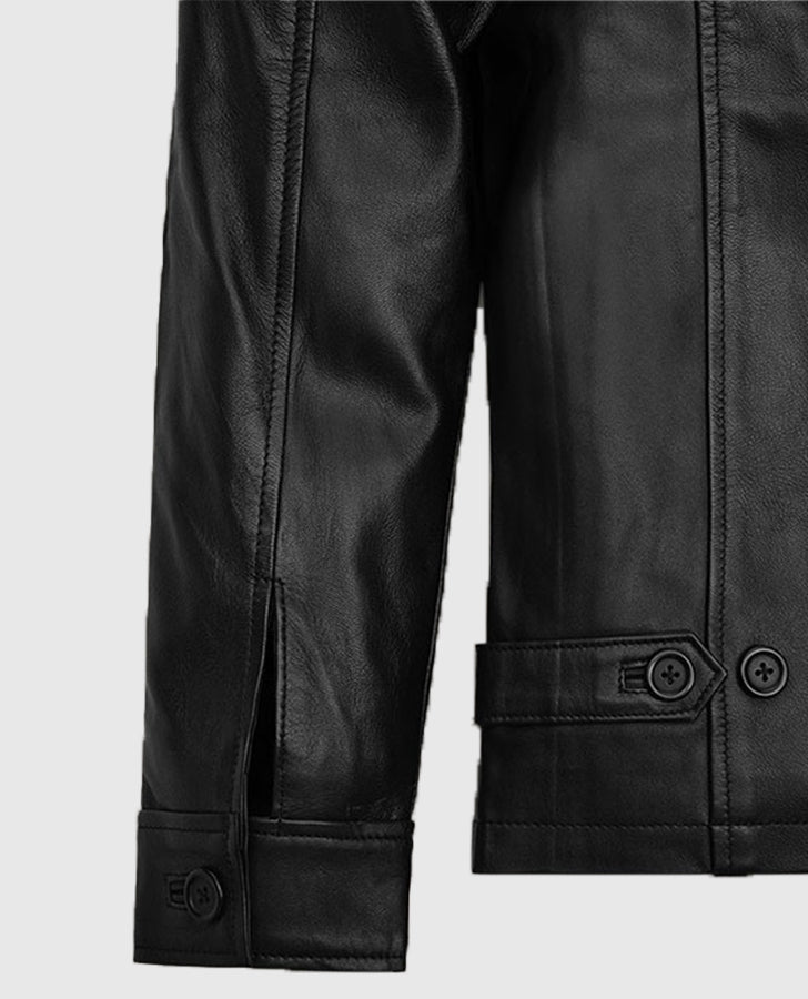 David Schwimmer Friends Season 4 Black Leather Jacket for Men - collar and zip close-up