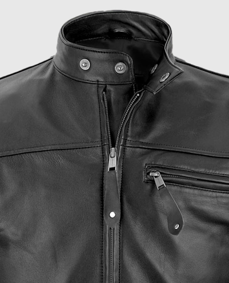 Keanu Reeves John Wick Black Biker Leather Jacket for Men - collar and zip close-up