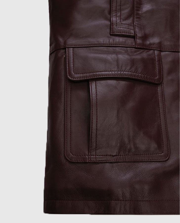 Johnny Depp Donnie Brasco Maroon Leather Blazer Jacket for Men - collar and zip close-up