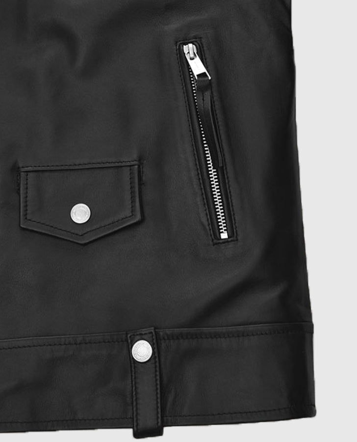 Ansel Elgort Black Leather Jacket for Men – Custom Fit - collar and zip close-up