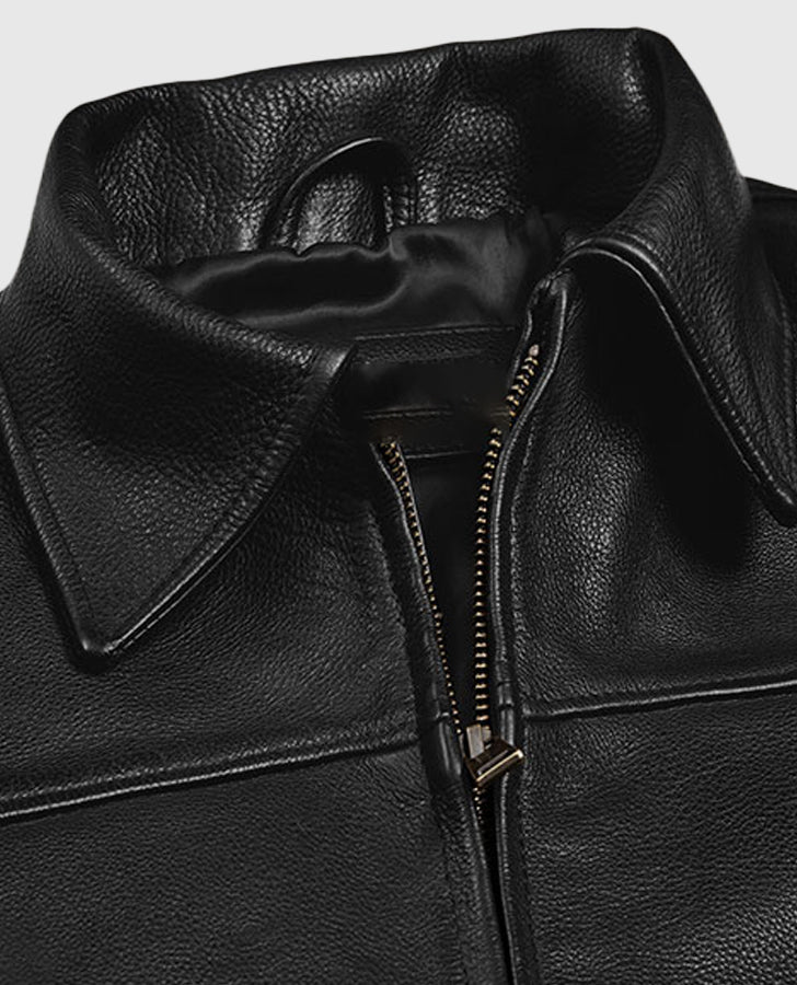 Johnny Depp Black Leather Jacket for Men | Genuine Leather - collar and zip close-up