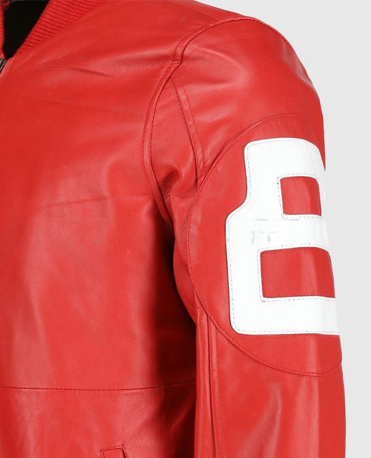 Dizller 8 Ball Pool Red Letterman Bomber Leather Jacket for Men - collar and zip close-up