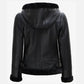 Women's Black Leather Hooded Shearling Jacket