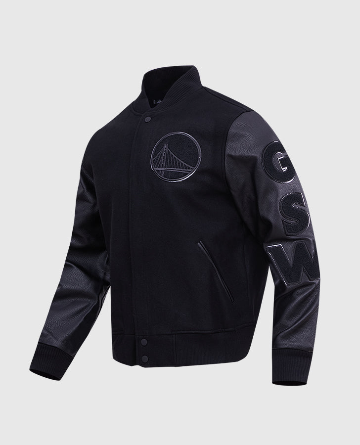NBA Golden State Warriors Men's Black Varsity Leather Jacket - collar and zip close-up