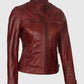 Johnson Women's Maroon Quilted Cafe Racer Leather Jacket - side angle view