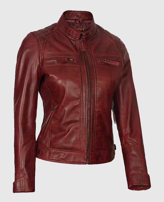 Johnson Women's Maroon Quilted Cafe Racer Leather Jacket - side angle view