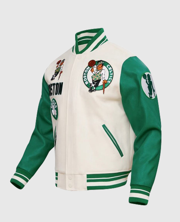 NBA Boston Celtics Men's Rib Green Wool Varsity Jacket - collar and zip close-up