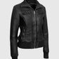 Women's Bomber Black Leather Jacket – Premium Outerwear - collar and zip close-up