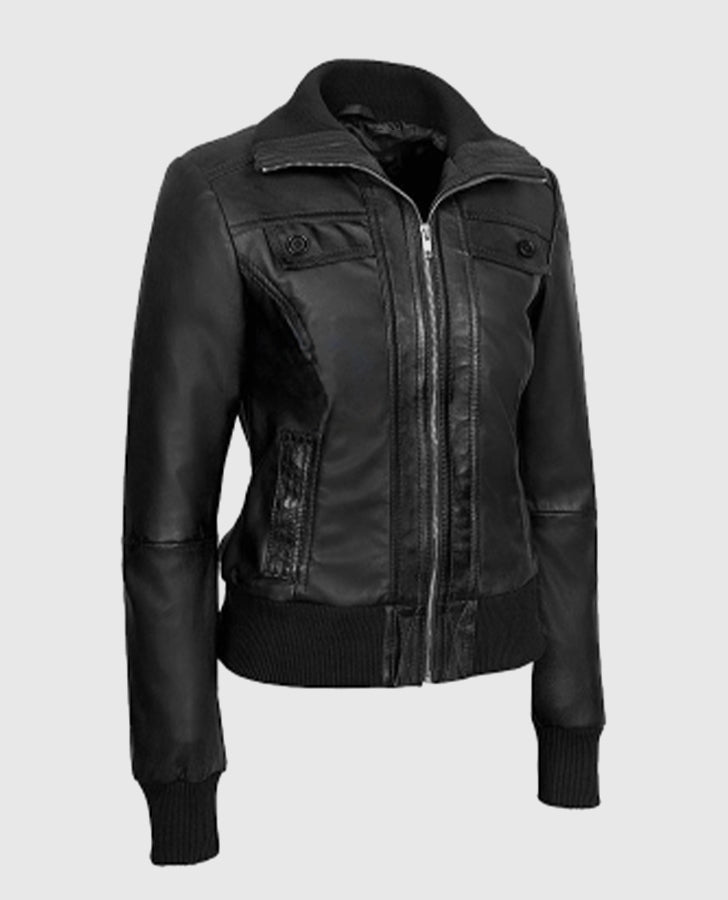 Women's Bomber Black Leather Jacket – Premium Outerwear - collar and zip close-up