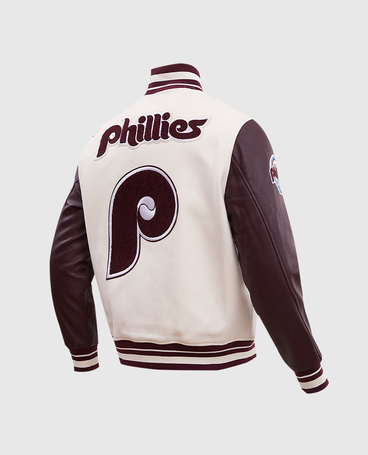 MLB Philadelphia Phillies Men's Rib White Wool Varsity Jacket - collar and zip close-up
