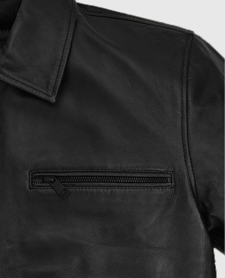 Christian Bale Black Leather Jacket for Men | Genuine Leather - collar and zip close-up
