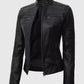 Women's Black Cafe Racer Leather Jacket – Custom Fit - side angle view