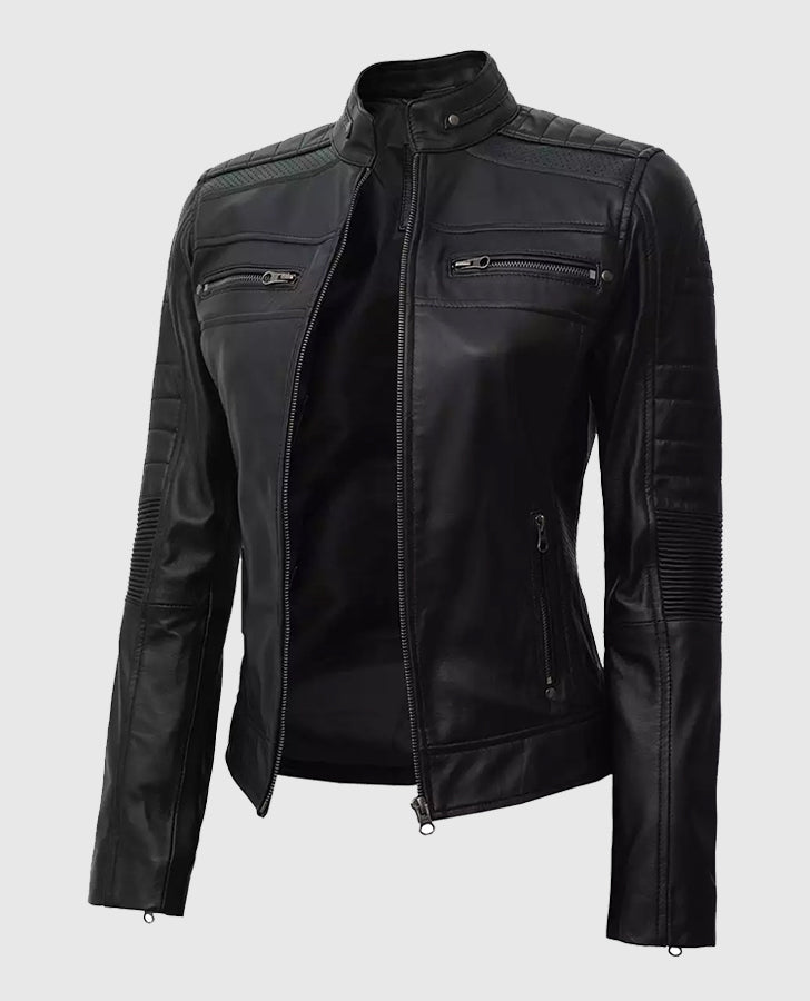 Women's Black Cafe Racer Leather Jacket – Custom Fit - side angle view