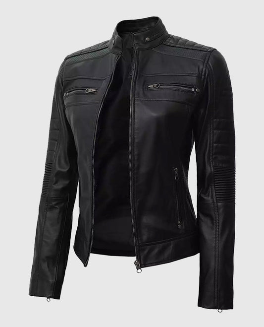 Women's Black Cafe Racer Leather Jacket – Custom Fit - side angle view