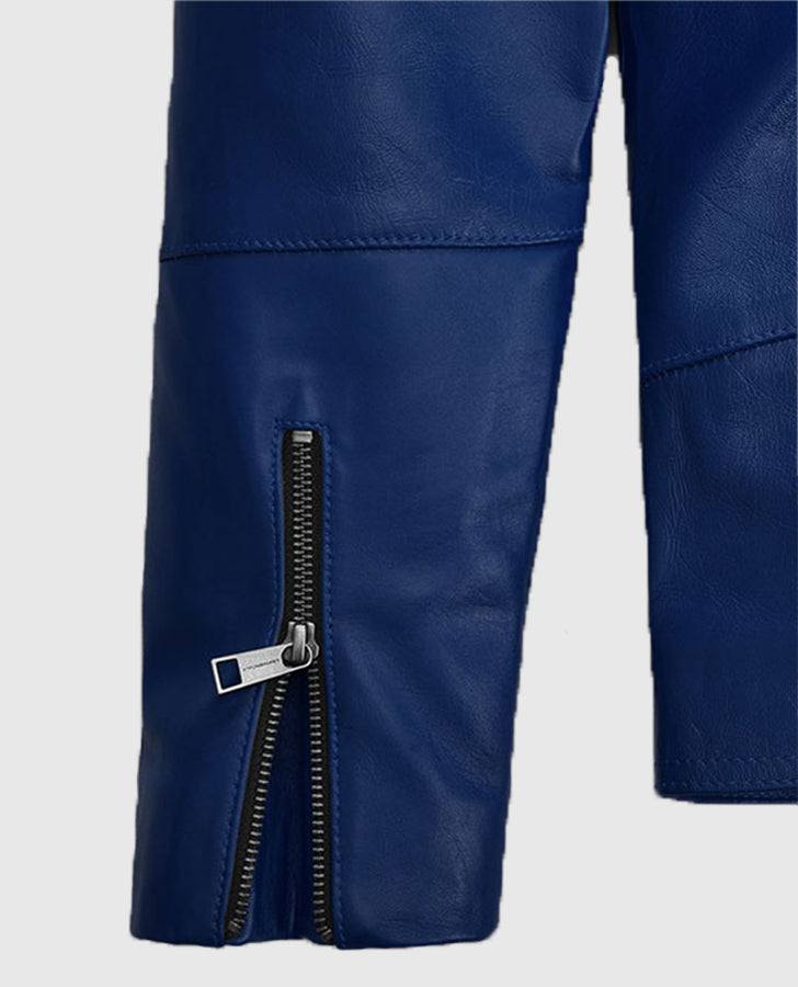 Antonio Banderas Blue Leather Biker Jacket for Men - collar and zip close-up