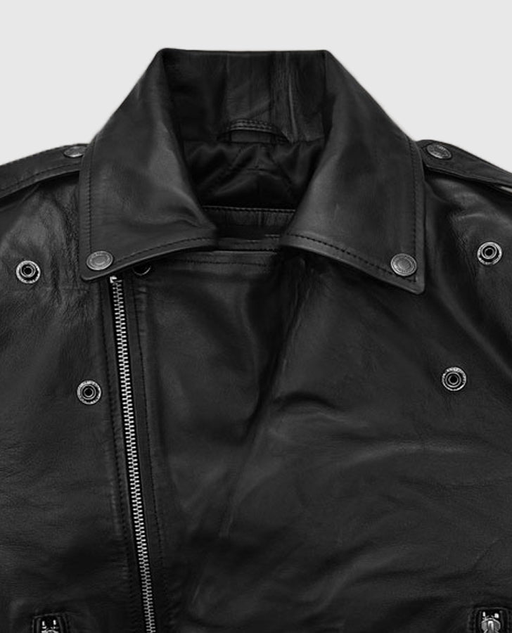 Jimin Black Biker Leather Jacket for Men – Premium Outerwear - collar and zip close-up