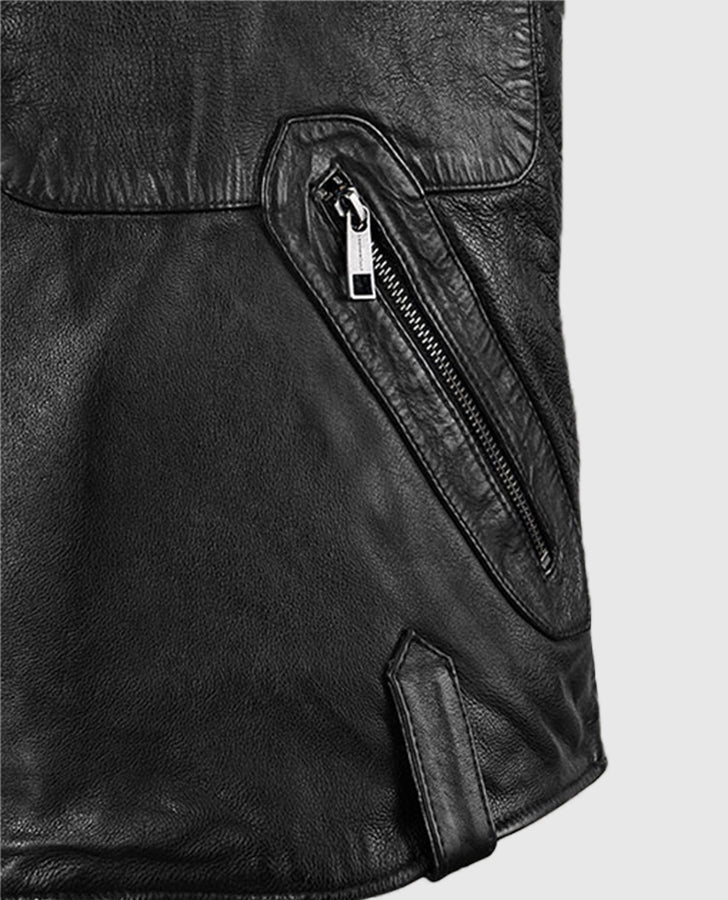 David Beckham Black Biker Leather Jacket for Men – Custom Fit - collar and zip close-up