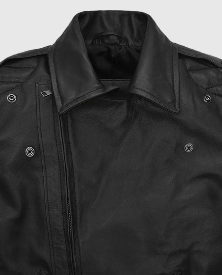 Freddie Mercury Black Leather Biker Jacket for Men - collar and zip close-up