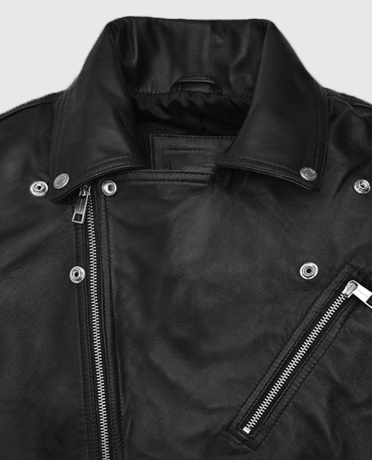 Kylian Mbappe Black Biker Leather Jacket for Men – Custom Fit - collar and zip close-up