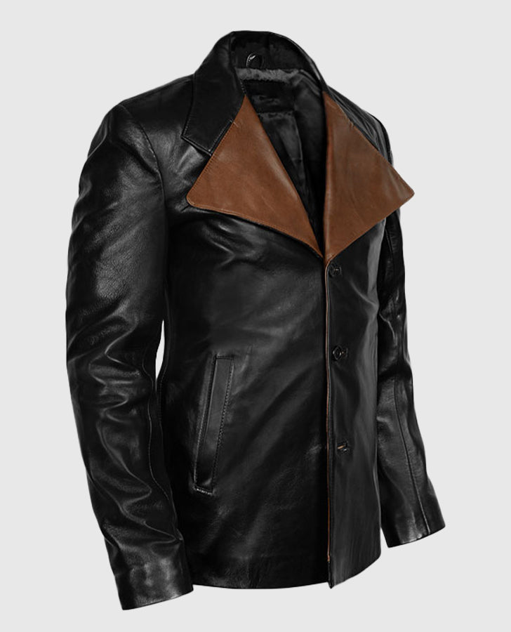 Jim Morrison Black Leather Jacket for Men – Custom Fit - collar and zip close-up