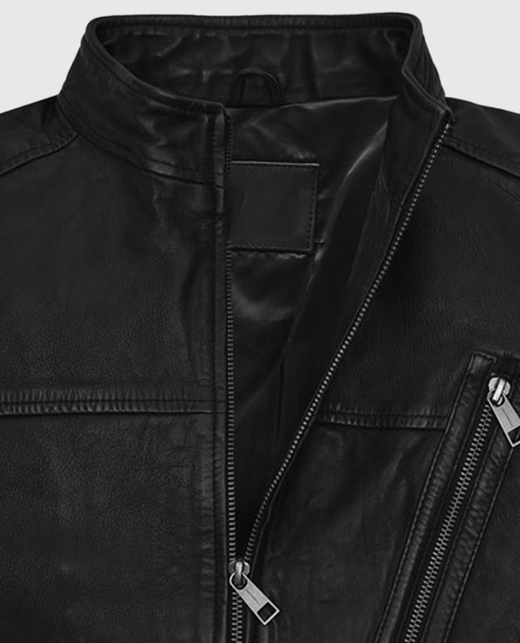 Jesse Lee Soffer Chicago PD Black Leather Jacket for Men - collar and zip close-up