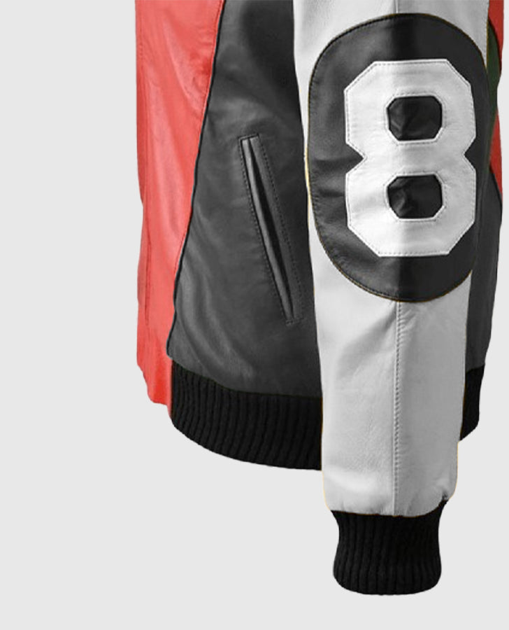 8 Ball Pool David Puddy Red & Black Bomber Leather Jacket for Men - collar and zip close-up
