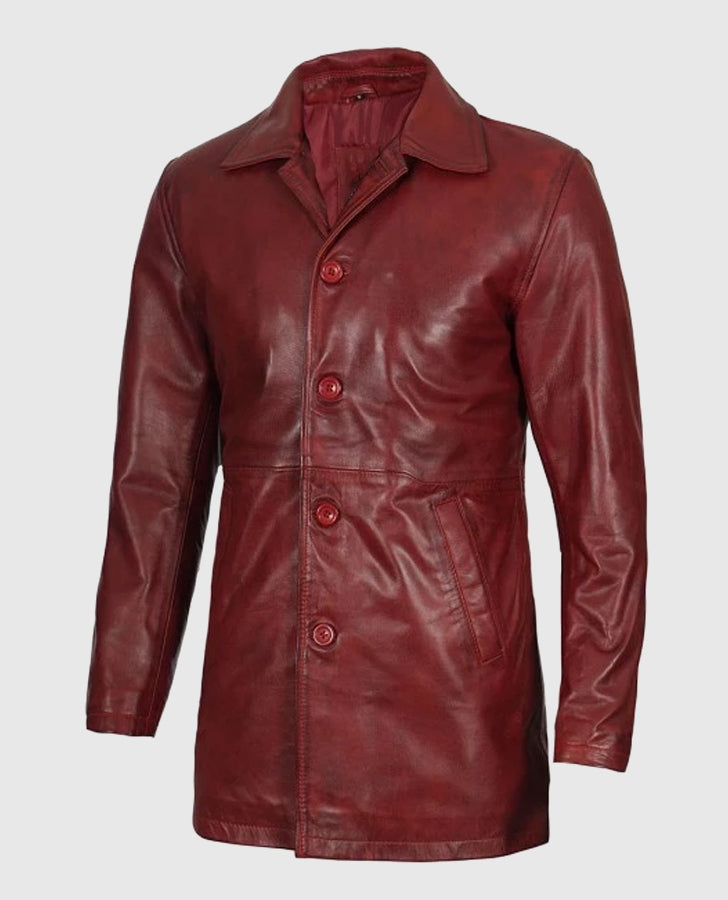 Men's Maroon Real Sheepskin Leather Coat | Genuine Leather - model wearing the jacket
