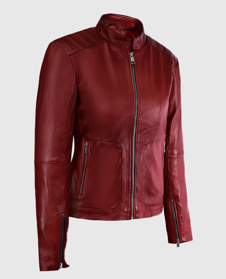 Kaya Scodelario Resident Evil Red Leather Jacket for Women - collar and zip close-up