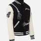 Men's Godspeed Skull Black & White Varsity Leather Jacket - collar and zip close-up