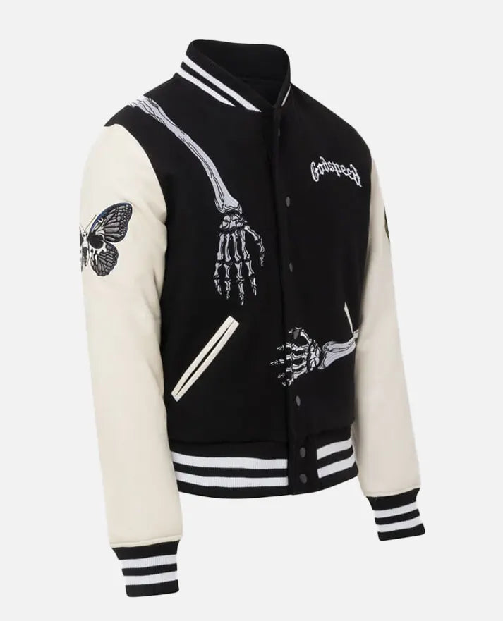 Men's Godspeed Skull Black & White Varsity Leather Jacket - collar and zip close-up