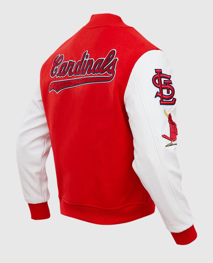 MLB ST. Louis Cardinals Men's Red Varsity Leather Jacket - collar and zip close-up