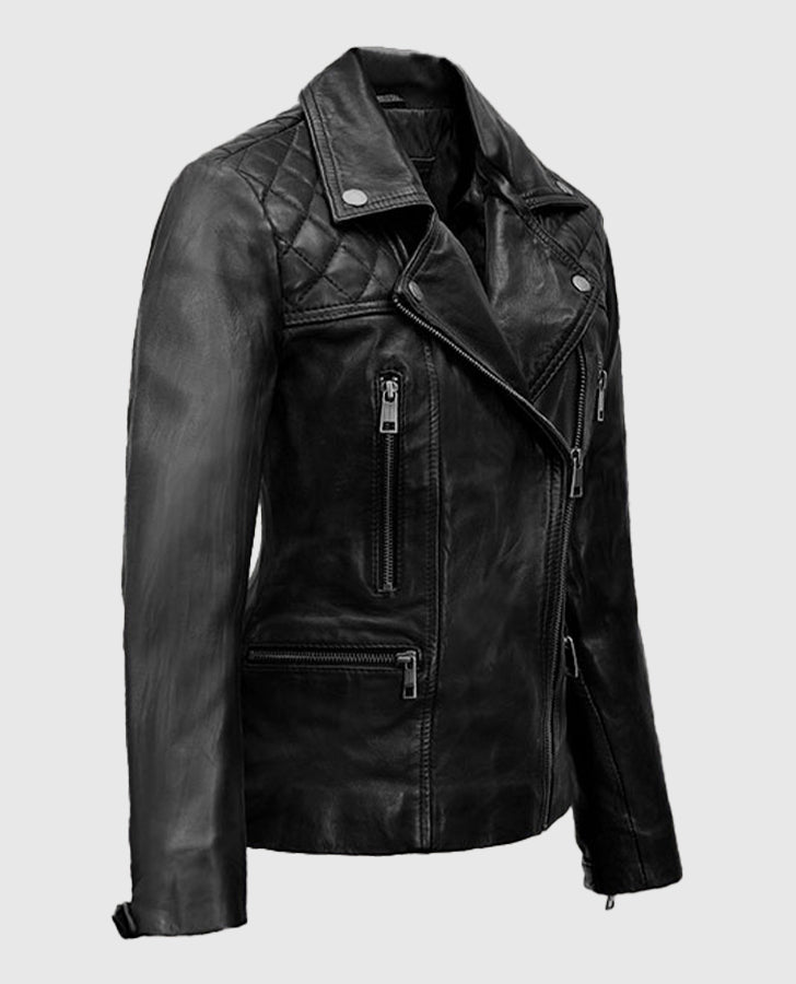 Lucifer S05 Chloe Decker Black Leather Biker Jacket for Women - collar and zip close-up