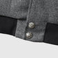 Men's Chrome Cross Letterman Bomber Grey Leather Jacket - collar and zip close-up