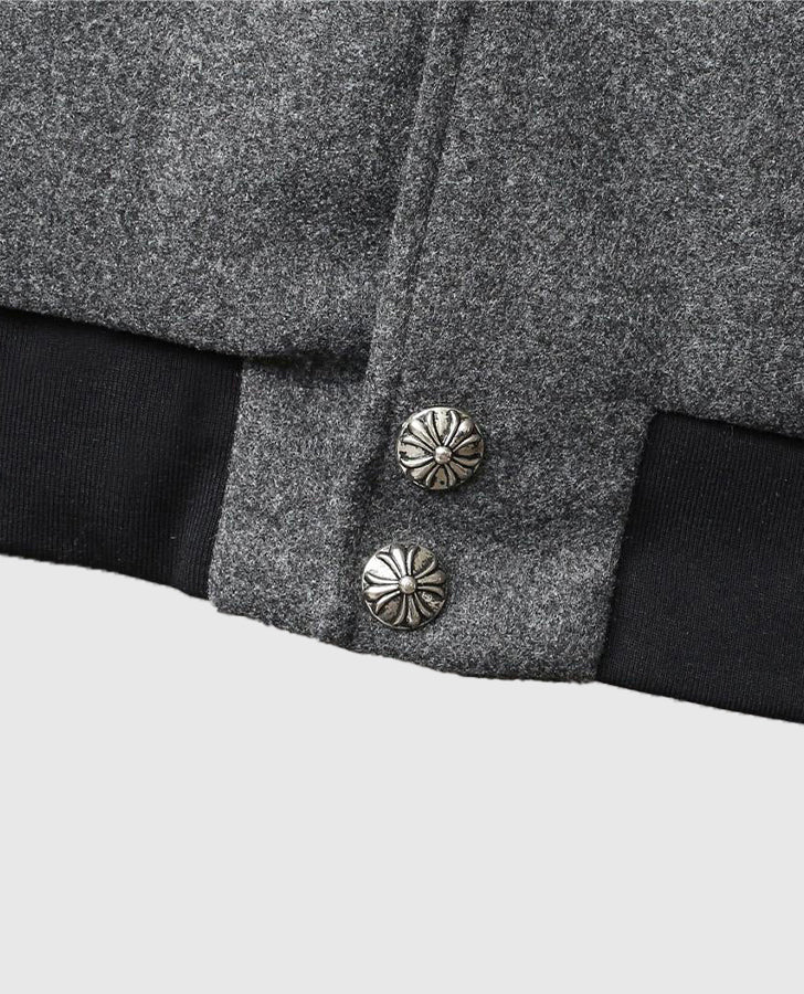 Men's Chrome Cross Letterman Bomber Grey Leather Jacket - collar and zip close-up