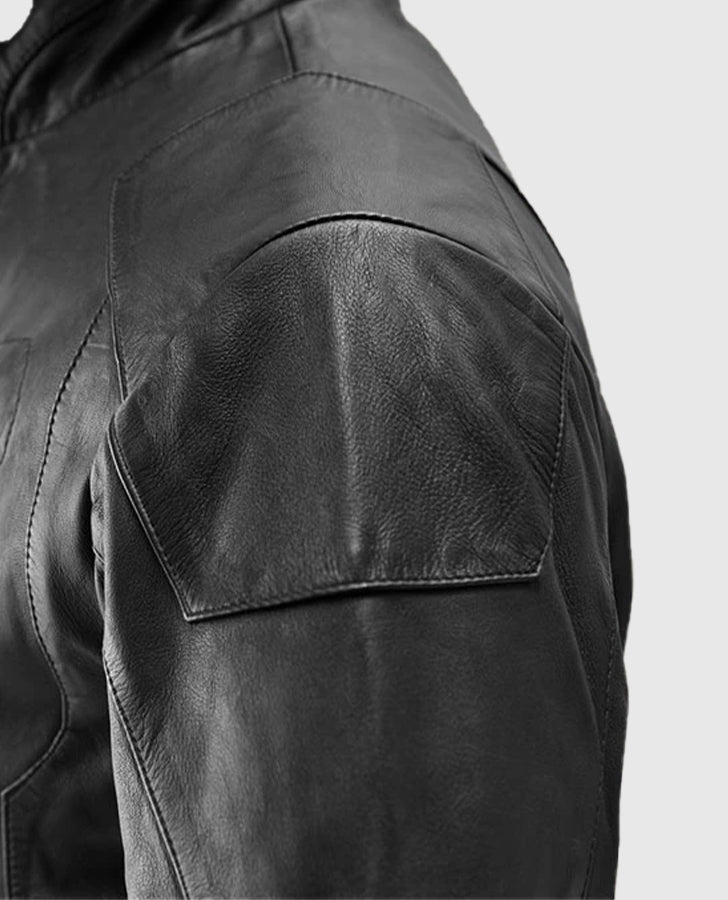 Men's Black Cafe Racer Leather Jacket | Genuine Leather - collar and zip close-up