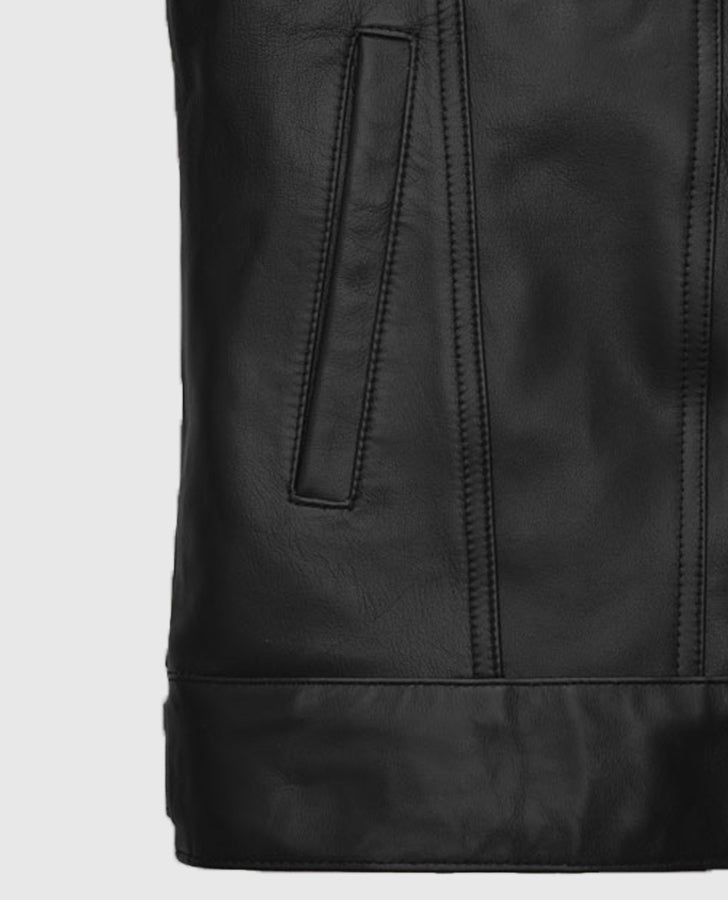 Jeff Goldblum Black Leather Jacket for Men | Genuine Leather - collar and zip close-up