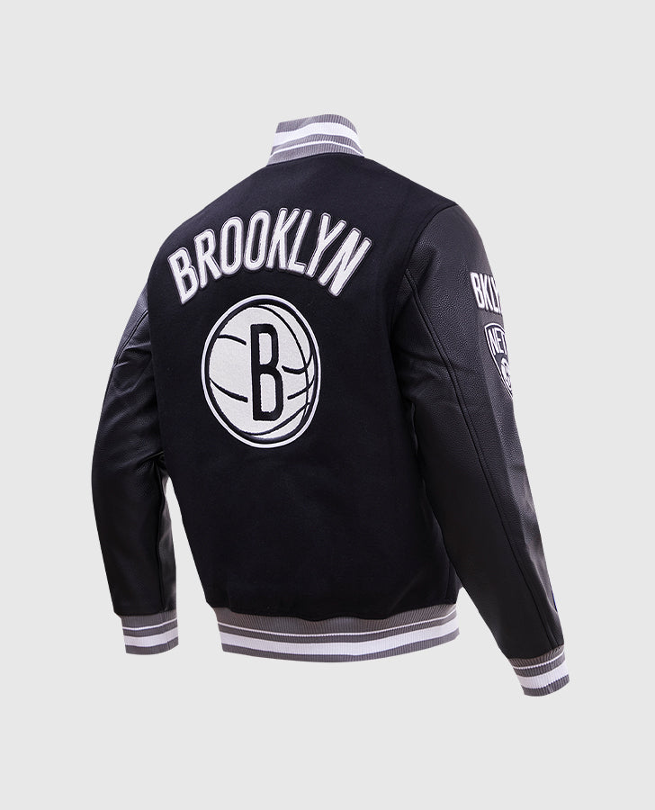 NBA Brooklyn Nets Men's Rib Wool Black Varsity Jacket - collar and zip close-up