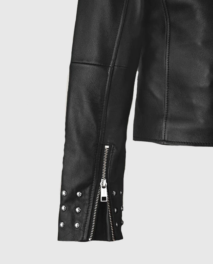 Eva Studded Black Leather Biker Jacket for Women | Genuine Leather - model wearing the jacket