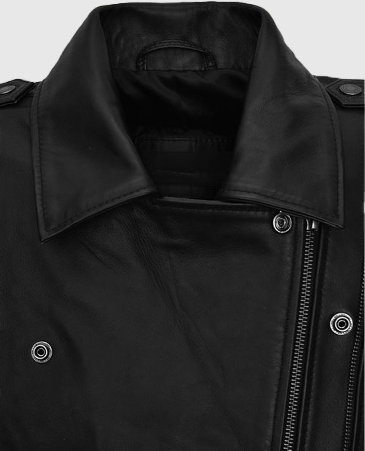 Vox Lux Natalie Portman Black Biker Leather Jacket for Women - collar and zip close-up