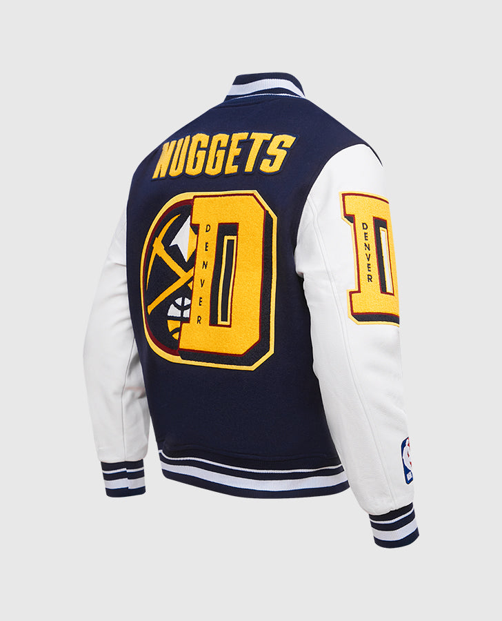 NBA Denver Nuggets Men's Rib Blue & White Wool Varsity Jacket - side angle view