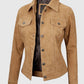 Women's Light Brown Suede Leather Trucker Jacket | Genuine Leather - collar and zip close-up