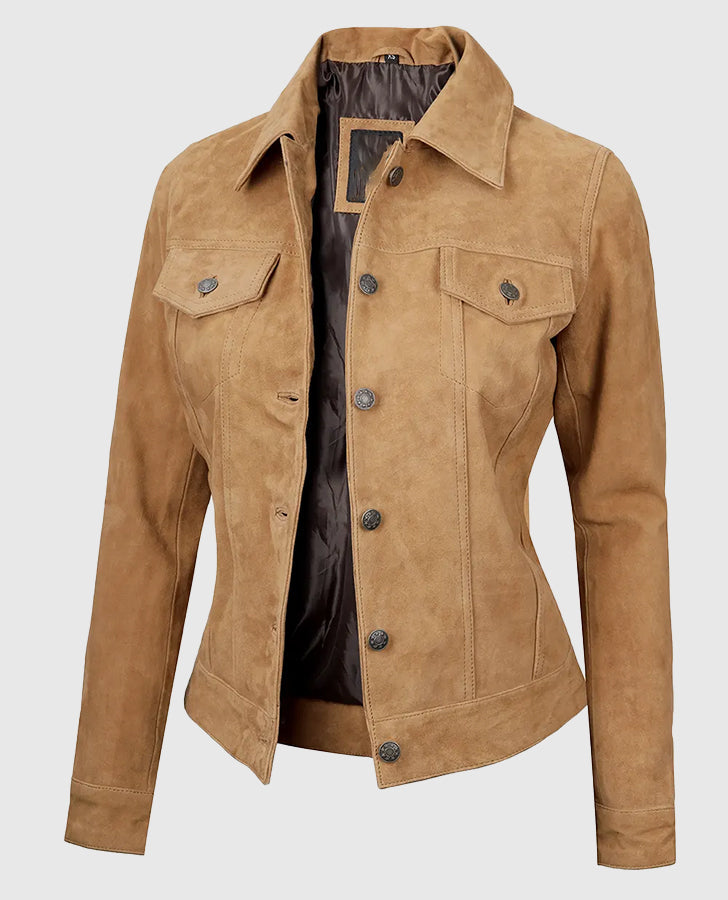 Women's Light Brown Suede Leather Trucker Jacket | Genuine Leather - collar and zip close-up