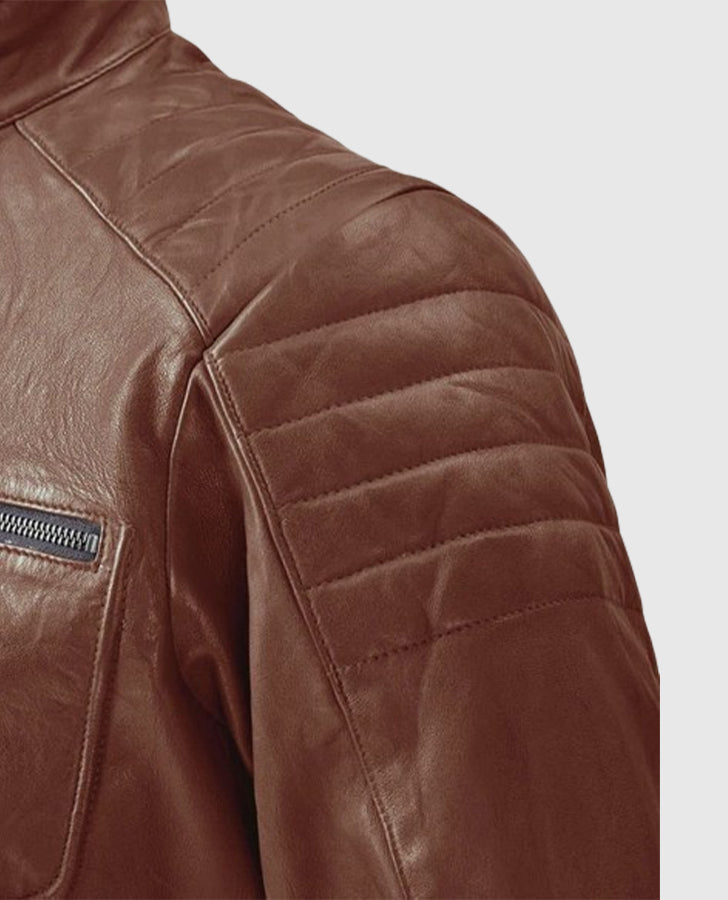 Firefly Moto Tan Biker Leather Jacket for Men – Custom Fit - collar and zip close-up